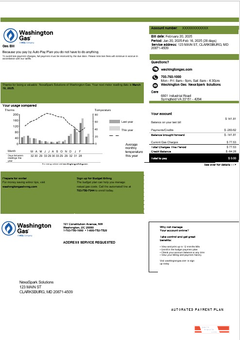 USA Washington Gas (WGL) business utility bill template in Word and PDF formats